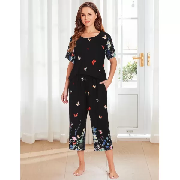 Ekouaer Womens Capri Pajama Sets Short Sleeve Shirt and Capri Pants with Pockets Sleepwear Pjs SetsFlower Black 2