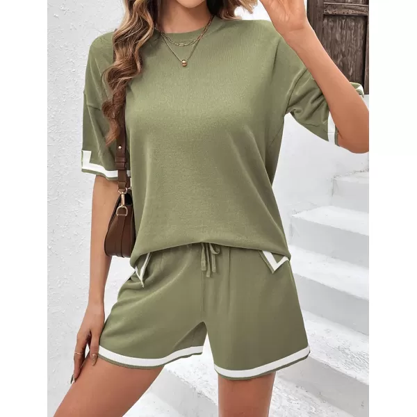 Ekouaer Womens Knit Pajamas Set 2 Piece Sweater Sets Short Sleeve Pullover Tops LoungewearArmy Green