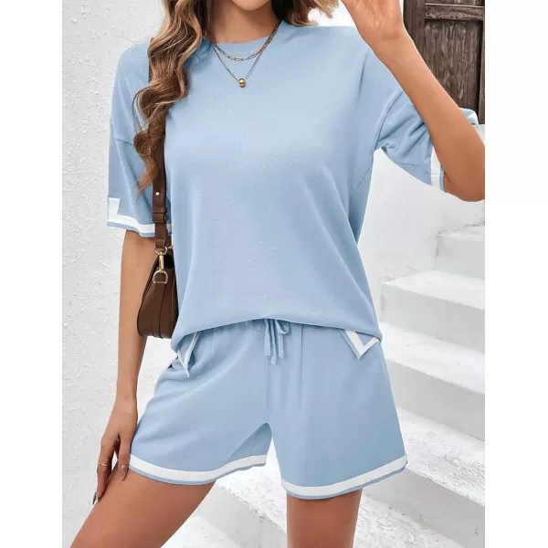 Ekouaer Womens Knit Pajamas Set 2 Piece Sweater Sets Short Sleeve Pullover Tops LoungewearLight Blue