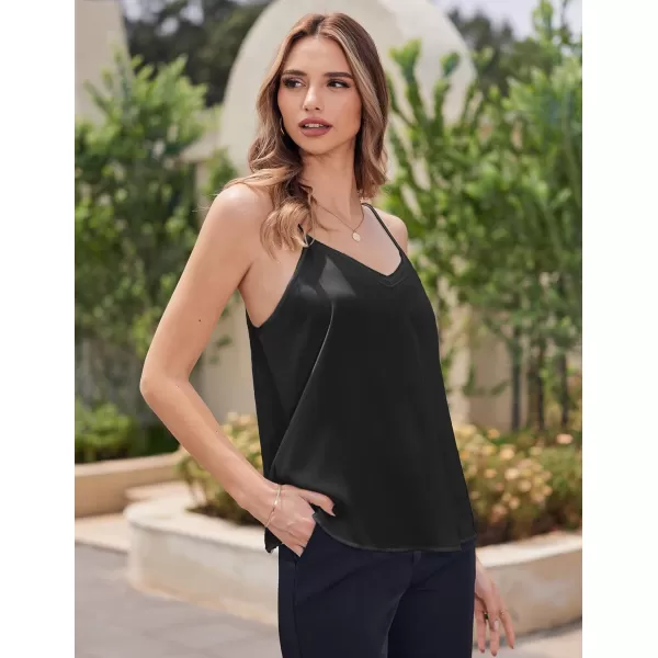 Ekouaer Womens Lace Silk Satin Pajama Tank Tops V Neck Camisole Soft Spaghetti Strap Tops Loose Sleepwear S3XLBlack