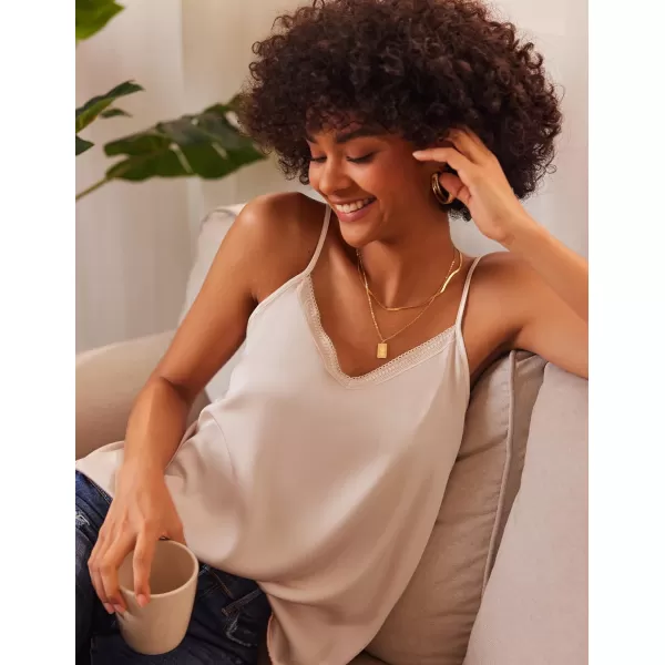 Ekouaer Womens Lace Silk Satin Pajama Tank Tops V Neck Camisole Soft Spaghetti Strap Tops Loose Sleepwear S3XLChampagne