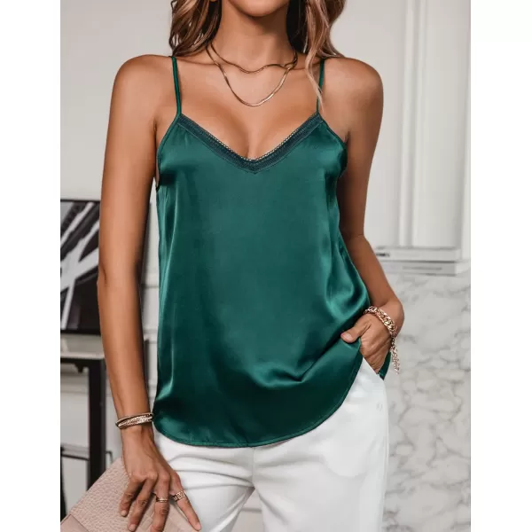 Ekouaer Womens Lace Silk Satin Pajama Tank Tops V Neck Camisole Soft Spaghetti Strap Tops Loose Sleepwear S3XLLake Green