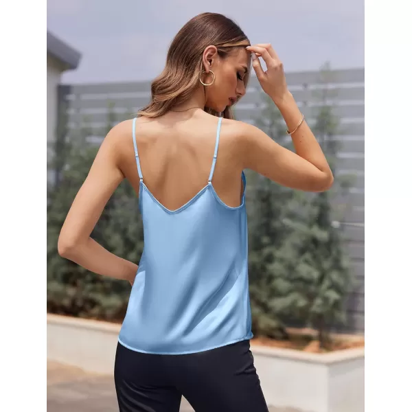 Ekouaer Womens Lace Silk Satin Pajama Tank Tops V Neck Camisole Soft Spaghetti Strap Tops Loose Sleepwear S3XLLight Blue