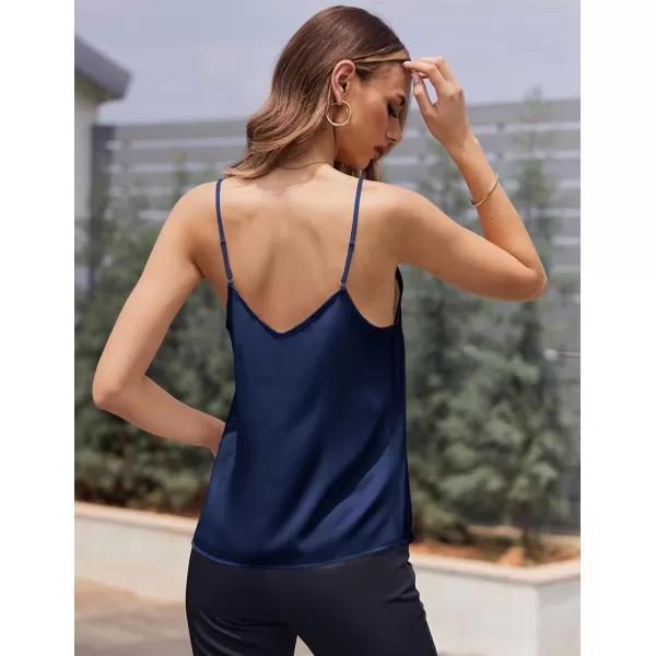 Ekouaer Womens Lace Silk Satin Pajama Tank Tops V Neck Camisole Soft Spaghetti Strap Tops Loose Sleepwear S3XLNavy Blue