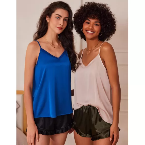 Ekouaer Womens Lace Silk Satin Pajama Tank Tops V Neck Camisole Soft Spaghetti Strap Tops Loose Sleepwear S3XLSapphire Blue