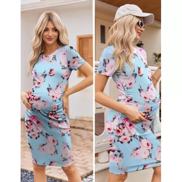 Ekouaer Womens Maternity Dress Ruched Ribbed Bodycon Summer Dresses Casual Pregnancy Dress SXXLFloral2