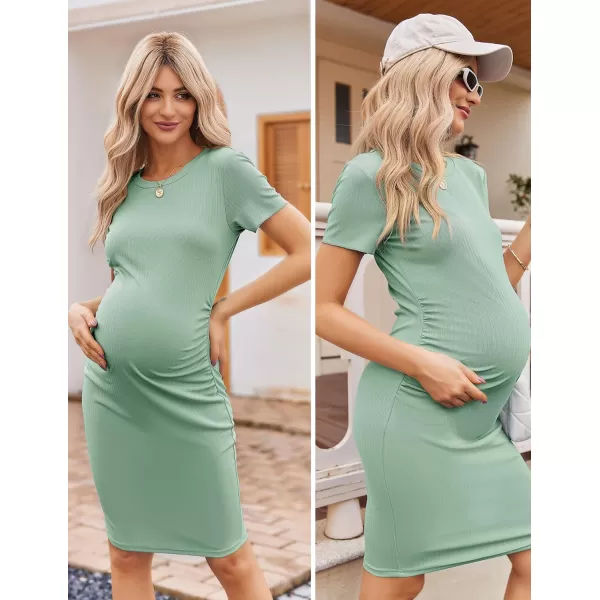 Ekouaer Womens Maternity Dress Ruched Ribbed Bodycon Summer Dresses Casual Pregnancy Dress SXXLIce Green