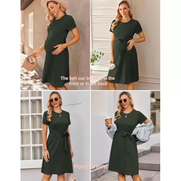 Ekouaer Womens Maternity Dress Short Sleeve Casual Pregnancy Dresses Rib Knit Crewneck Pregnant Clothes with BeltArmy Green