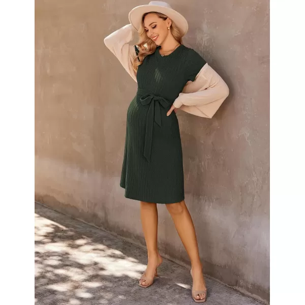 Ekouaer Womens Maternity Dress Short Sleeve Casual Pregnancy Dresses Rib Knit Crewneck Pregnant Clothes with BeltArmy Green