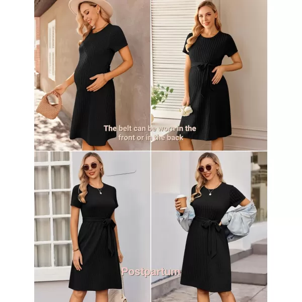 Ekouaer Womens Maternity Dress Short Sleeve Casual Pregnancy Dresses Rib Knit Crewneck Pregnant Clothes with BeltBlack