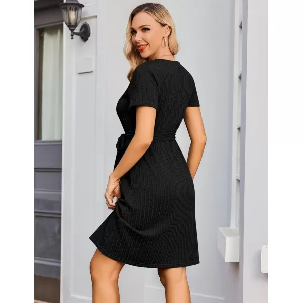 Ekouaer Womens Maternity Dress Short Sleeve Casual Pregnancy Dresses Rib Knit Crewneck Pregnant Clothes with BeltBlack