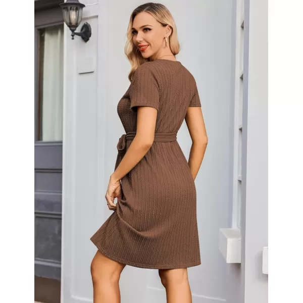 Ekouaer Womens Maternity Dress Short Sleeve Casual Pregnancy Dresses Rib Knit Crewneck Pregnant Clothes with BeltBrown