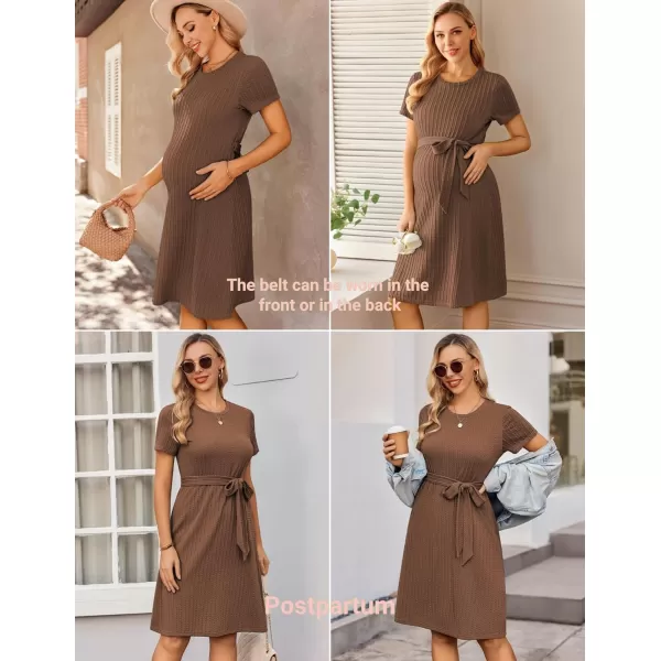 Ekouaer Womens Maternity Dress Short Sleeve Casual Pregnancy Dresses Rib Knit Crewneck Pregnant Clothes with BeltBrown