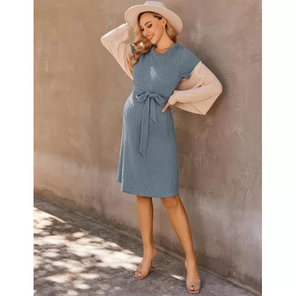 Ekouaer Womens Maternity Dress Short Sleeve Casual Pregnancy Dresses Rib Knit Crewneck Pregnant Clothes with BeltDark Blue