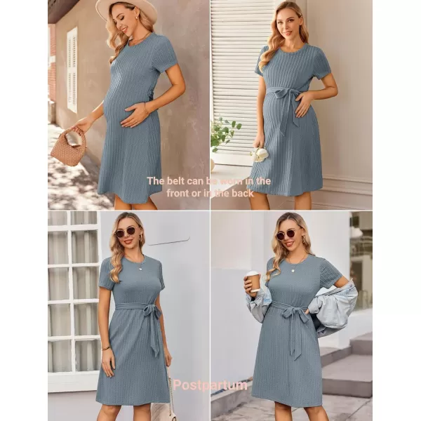 Ekouaer Womens Maternity Dress Short Sleeve Casual Pregnancy Dresses Rib Knit Crewneck Pregnant Clothes with BeltDark Blue