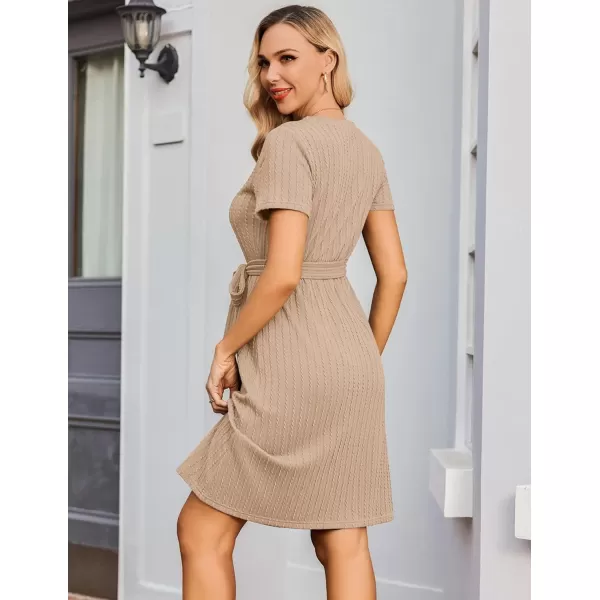Ekouaer Womens Maternity Dress Short Sleeve Casual Pregnancy Dresses Rib Knit Crewneck Pregnant Clothes with BeltKhaki