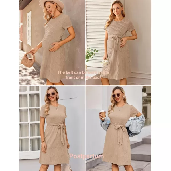 Ekouaer Womens Maternity Dress Short Sleeve Casual Pregnancy Dresses Rib Knit Crewneck Pregnant Clothes with BeltKhaki