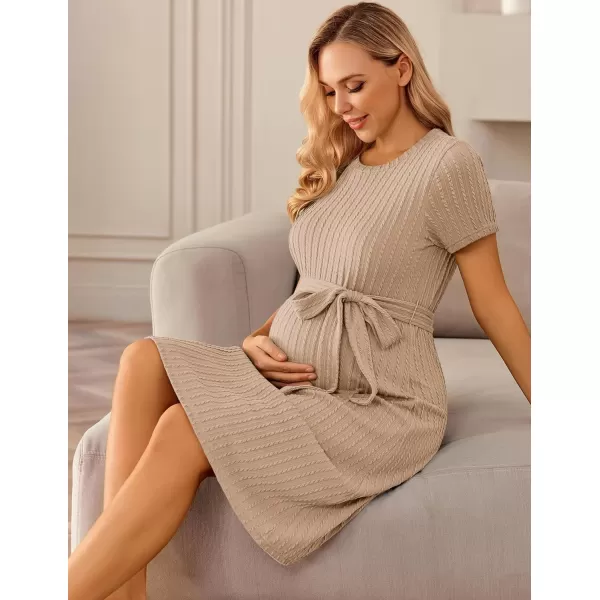 Ekouaer Womens Maternity Dress Short Sleeve Casual Pregnancy Dresses Rib Knit Crewneck Pregnant Clothes with BeltKhaki