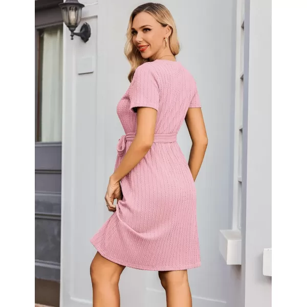 Ekouaer Womens Maternity Dress Short Sleeve Casual Pregnancy Dresses Rib Knit Crewneck Pregnant Clothes with BeltPink