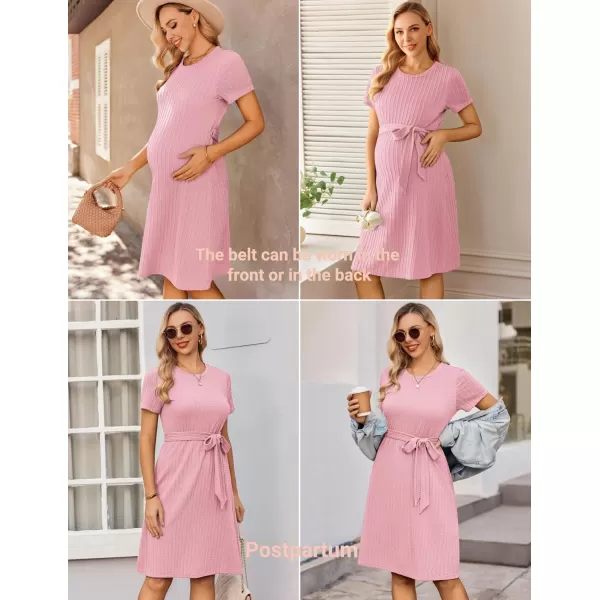 Ekouaer Womens Maternity Dress Short Sleeve Casual Pregnancy Dresses Rib Knit Crewneck Pregnant Clothes with BeltPink