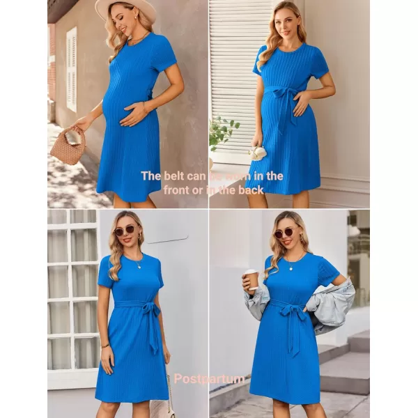 Ekouaer Womens Maternity Dress Short Sleeve Casual Pregnancy Dresses Rib Knit Crewneck Pregnant Clothes with BeltSnorkel Blue