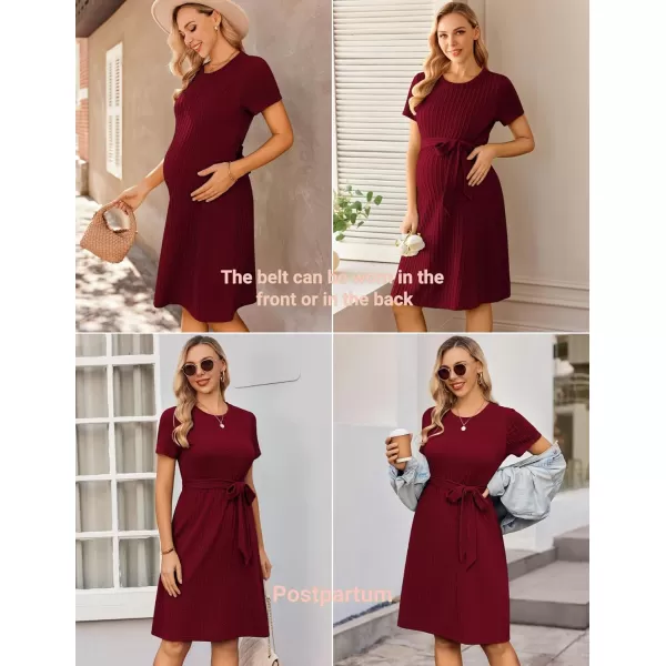 Ekouaer Womens Maternity Dress Short Sleeve Casual Pregnancy Dresses Rib Knit Crewneck Pregnant Clothes with BeltWine Red