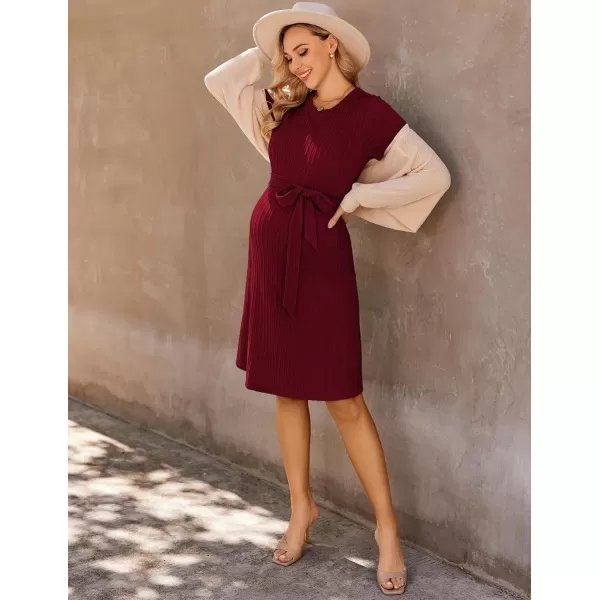 Ekouaer Womens Maternity Dress Short Sleeve Casual Pregnancy Dresses Rib Knit Crewneck Pregnant Clothes with BeltWine Red