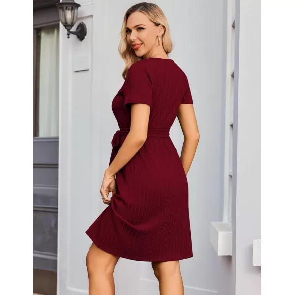 Ekouaer Womens Maternity Dress Short Sleeve Casual Pregnancy Dresses Rib Knit Crewneck Pregnant Clothes with BeltWine Red