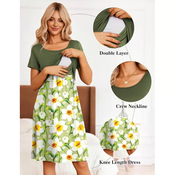 Ekouaer Womens Maternity Nursing Dress Short Sleeve Breastfeeding Dresses DoubleLayer Patchwork Breastfeeding ClothesArmy Greenfloral Green