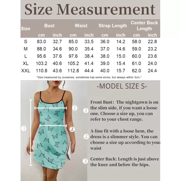 Ekouaer Womens Nightgown Pj Dress for Women Adjustable Spaghetti Chemise Sleeveless V Neck SleepwearGreen Butterfly Print