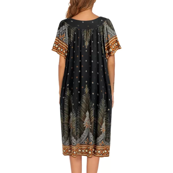 Ekouaer Womens Nightgown Short Sleeve House Dress with PocketsFloral Print Mumu DressBlack Feather