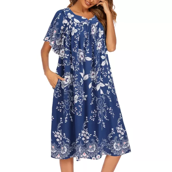 Ekouaer Womens Nightgown Short Sleeve House Dress with PocketsFloral Print Mumu DressEvening Blue Vines