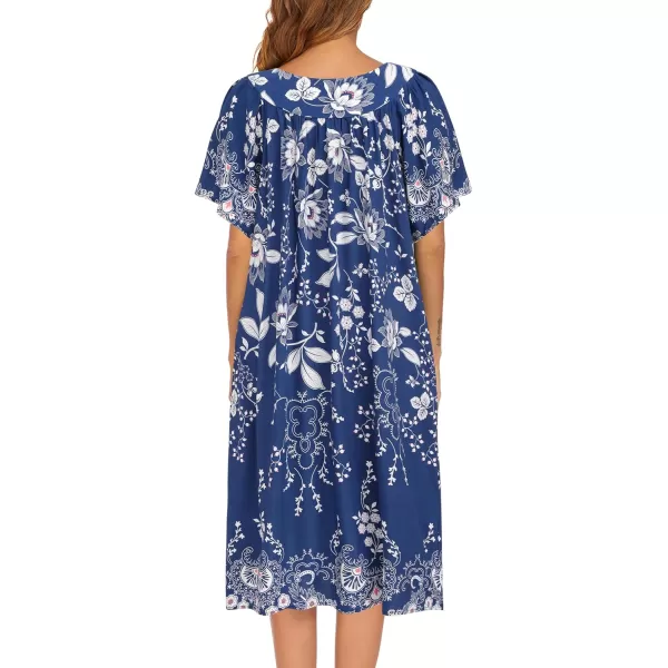 Ekouaer Womens Nightgown Short Sleeve House Dress with PocketsFloral Print Mumu DressEvening Blue Vines