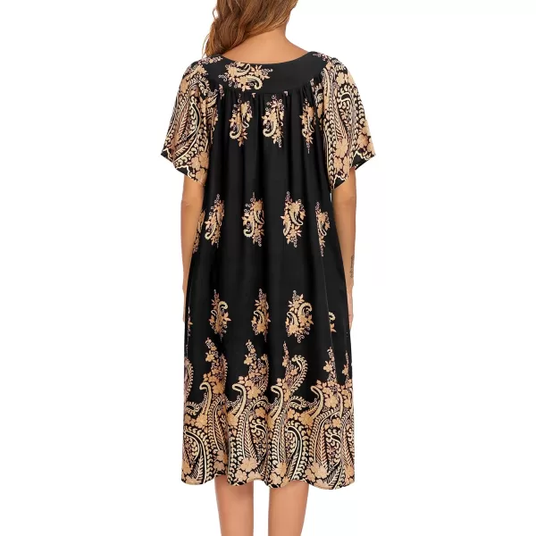 Ekouaer Womens Nightgown Short Sleeve House Dress with PocketsFloral Print Mumu DressFloral Black Gold