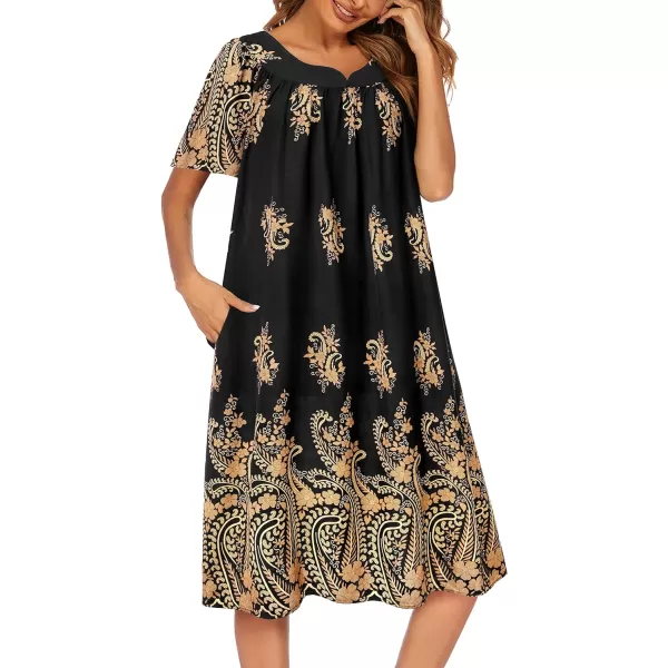 Ekouaer Womens Nightgown Short Sleeve House Dress with PocketsFloral Print Mumu DressFloral Black Gold