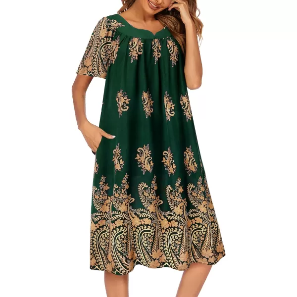 Ekouaer Womens Nightgown Short Sleeve House Dress with PocketsFloral Print Mumu DressFloral Green Gold