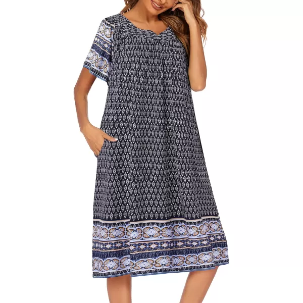 Ekouaer Womens Nightgown Short Sleeve House Dress with PocketsFloral Print Mumu DressFloral Navy Blue