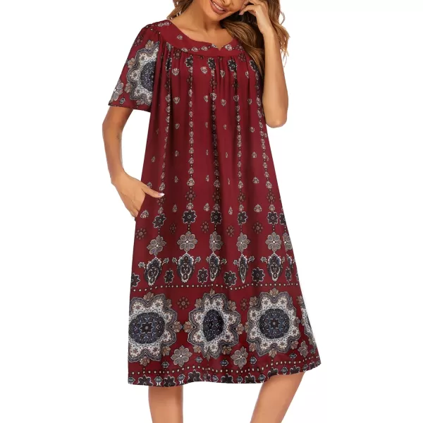 Ekouaer Womens Nightgown Short Sleeve House Dress with PocketsFloral Print Mumu DressFloral Wine Red