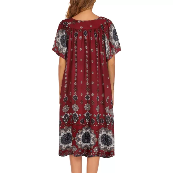 Ekouaer Womens Nightgown Short Sleeve House Dress with PocketsFloral Print Mumu DressFloral Wine Red