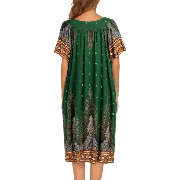 Ekouaer Womens Nightgown Short Sleeve House Dress with PocketsFloral Print Mumu DressGreen Feather