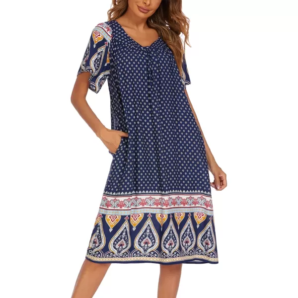 Ekouaer Womens Nightgown Short Sleeve House Dress with PocketsFloral Print Mumu DressNavy Blue