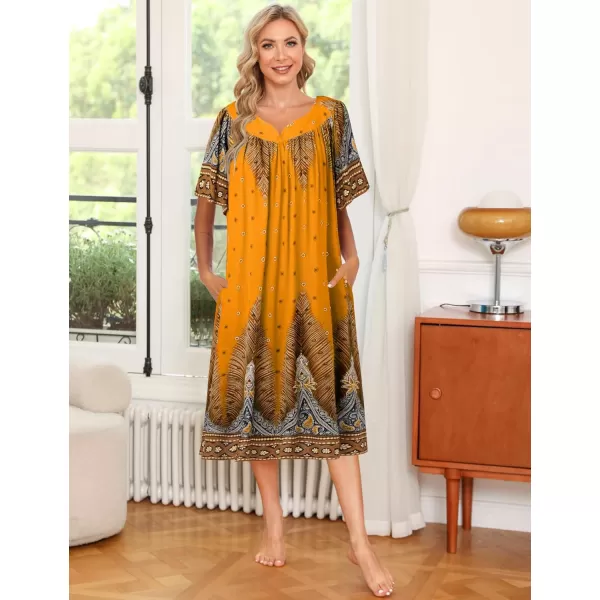 Ekouaer Womens Nightgown Short Sleeve House Dress with PocketsFloral Print Mumu DressYellow Feather
