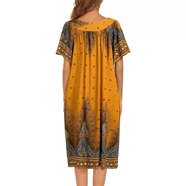 Ekouaer Womens Nightgown Short Sleeve House Dress with PocketsFloral Print Mumu DressYellow Feather