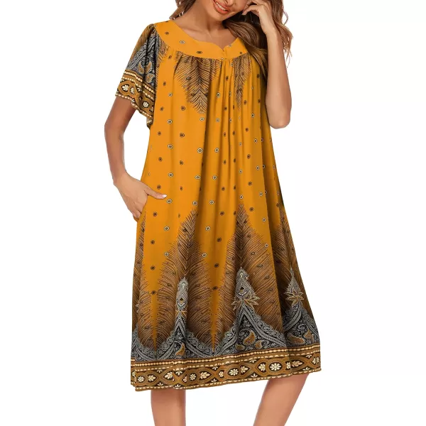 Ekouaer Womens Nightgown Short Sleeve House Dress with PocketsFloral Print Mumu DressYellow Feather