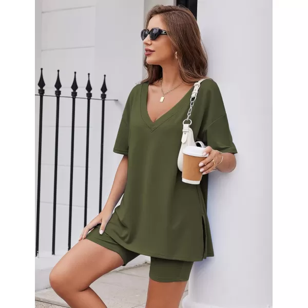 Ekouaer Womens Pajamas 2 Piece Lounge Sets Oversized V Neck TShirts Tops Biker Shorts Set Workout Reversible Tracksuit SXXLArmy Green