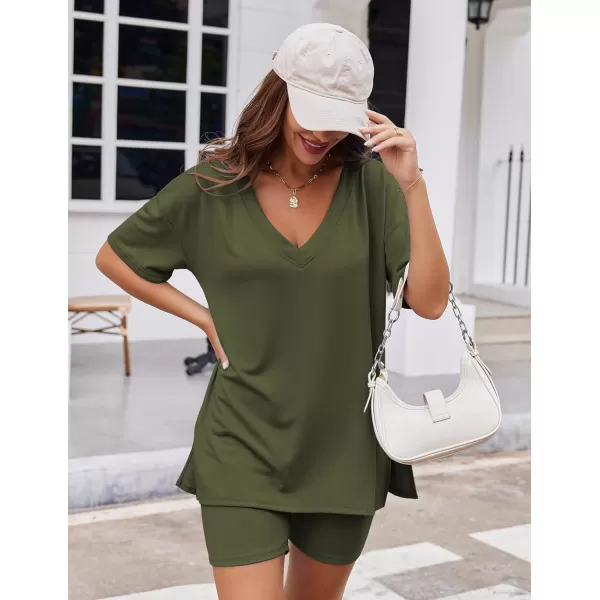 Ekouaer Womens Pajamas 2 Piece Lounge Sets Oversized V Neck TShirts Tops Biker Shorts Set Workout Reversible Tracksuit SXXLArmy Green