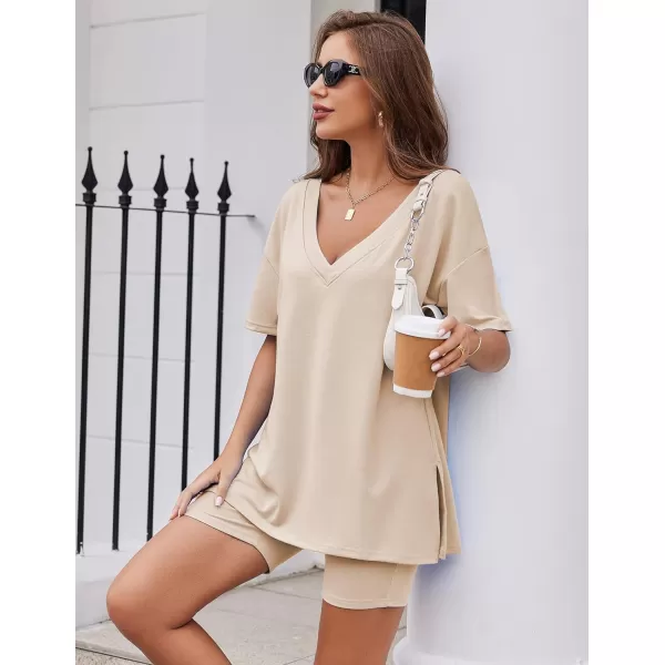 Ekouaer Womens Pajamas 2 Piece Lounge Sets Oversized V Neck TShirts Tops Biker Shorts Set Workout Reversible Tracksuit SXXLChampagne