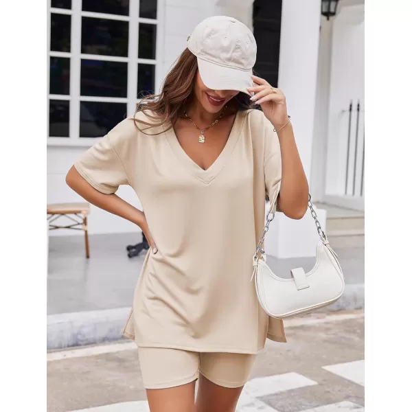 Ekouaer Womens Pajamas 2 Piece Lounge Sets Oversized V Neck TShirts Tops Biker Shorts Set Workout Reversible Tracksuit SXXLChampagne