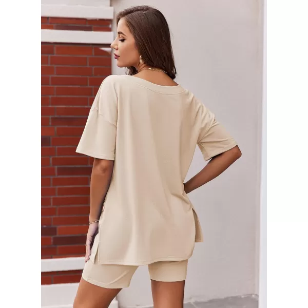 Ekouaer Womens Pajamas 2 Piece Lounge Sets Oversized V Neck TShirts Tops Biker Shorts Set Workout Reversible Tracksuit SXXLChampagne