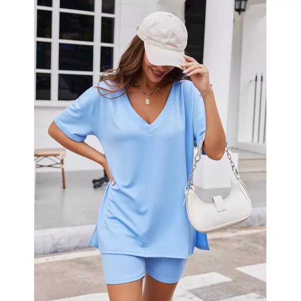 Ekouaer Womens Pajamas 2 Piece Lounge Sets Oversized V Neck TShirts Tops Biker Shorts Set Workout Reversible Tracksuit SXXLLight Blue